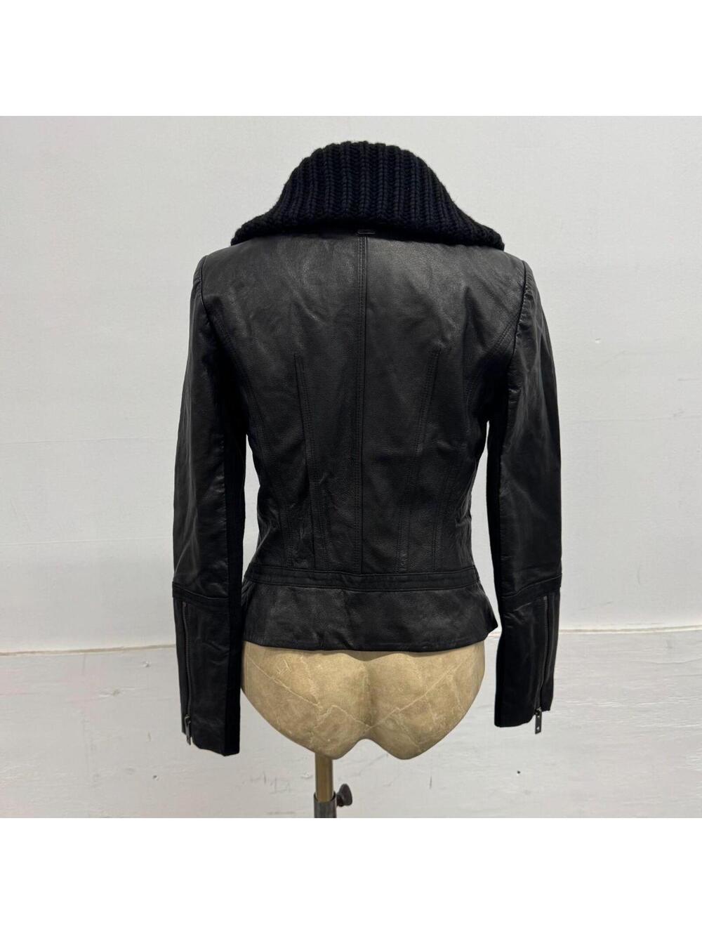 Vintage Black Funnel Neck Knit Collar Avant Garde Leather Jacket - Picture 4 of 7